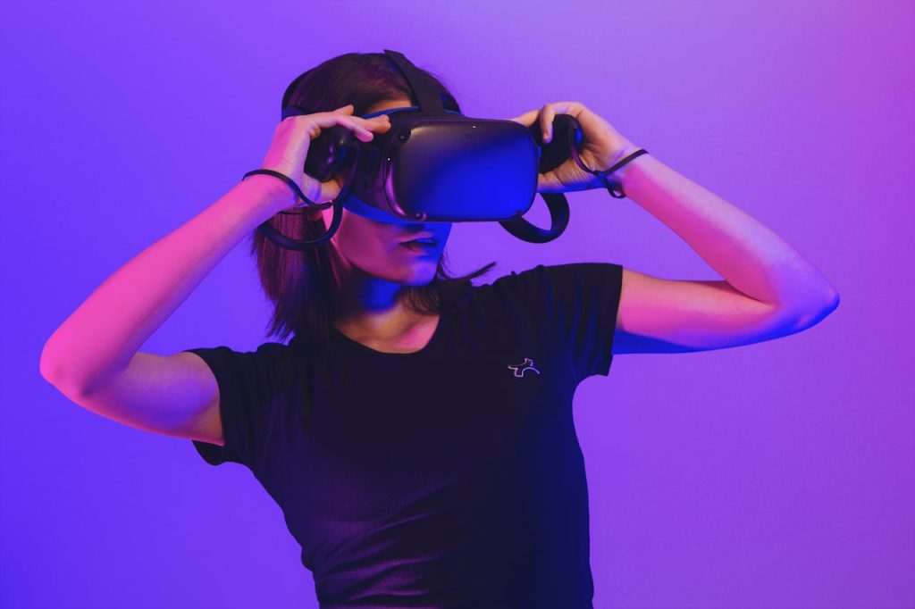 Exploring the Virtual Frontier: Girl Immersed in the Virtual Reality using Oculus Quest VR Headset